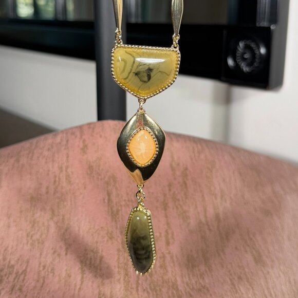 Natural Agate Stones • Gold-Tone Chain • Long Pendant Necklace • Boho Statement - Picture 2 of 7